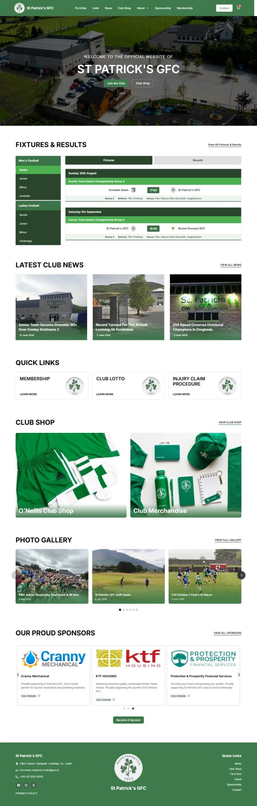 St Patrick’s GFC GAA Club Website with Live Fixtures Integration Screenshot