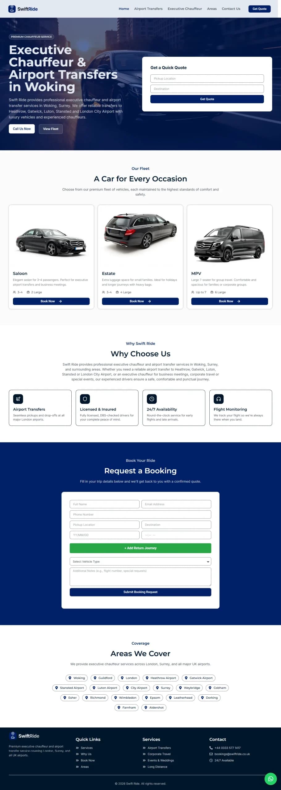 SwiftRide Executive Chauffeur & Airport Transfer Website Screenshot